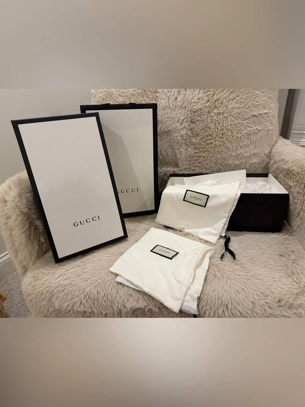 Gucci Shoe Box, Gift Bag + Dust Bags